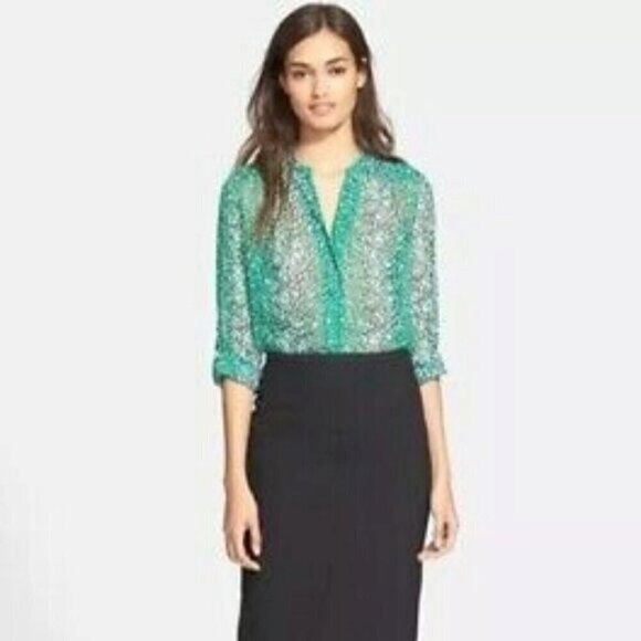 Diane Von Furstenberg Harlow Silk Blouse Button-Front Collarless Snake Print 2 - Picture 1 of 13